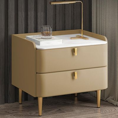 WOLWES Night Stand, Side Table with Storage, Solid Wood Bedside Table with 2 Drawer, Faux Marble Top, for Bedroom Furniture (Color : Khaki, Size : 30cm)