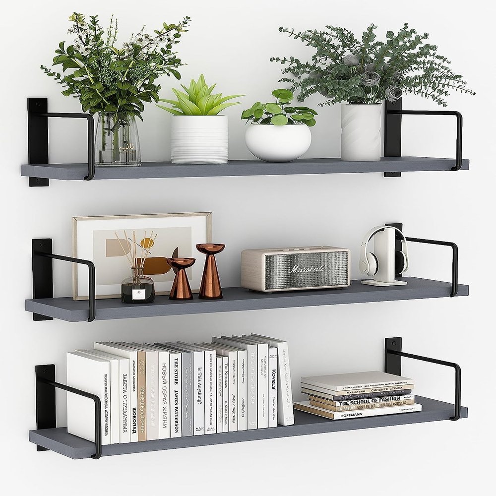 EALLRINEC Floating Shelves - 24 Inch Wall Mounted Set of 3, Rustic Wood Storage Shelves for Living Room (Grey)