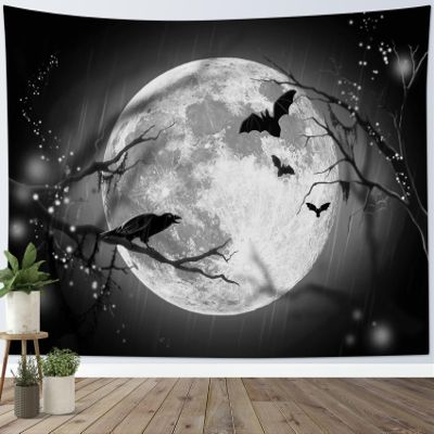LB Halloween Full Moon Tapestry, Horror Black Crow with Bat on Grey and Black Night Sky Wall Tapestry for Bedroom, Creppy Bat Wall Hanging Tapestry Wall Art for Living Room Home Decor, 92.5 x 70.9