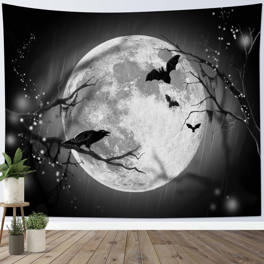 LB Halloween Full Moon Tapestry, Horror Black Crow with Bat on Grey and Black Night Sky Wall Tapestry for Bedroom, Creppy Bat Wall Hanging Tapestry Wall Art for Living Room Home Decor, 92.5 x 70.9