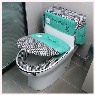AOKLEY Toilet Seat Cushion Covers Soft Plush Toilet Lid, Tank, Seat Top Cover 3 Piece Set Toilet Seat Cover Set 3 Piece with Storage Bags Machine-Washable, Easy-Install (Cyan)