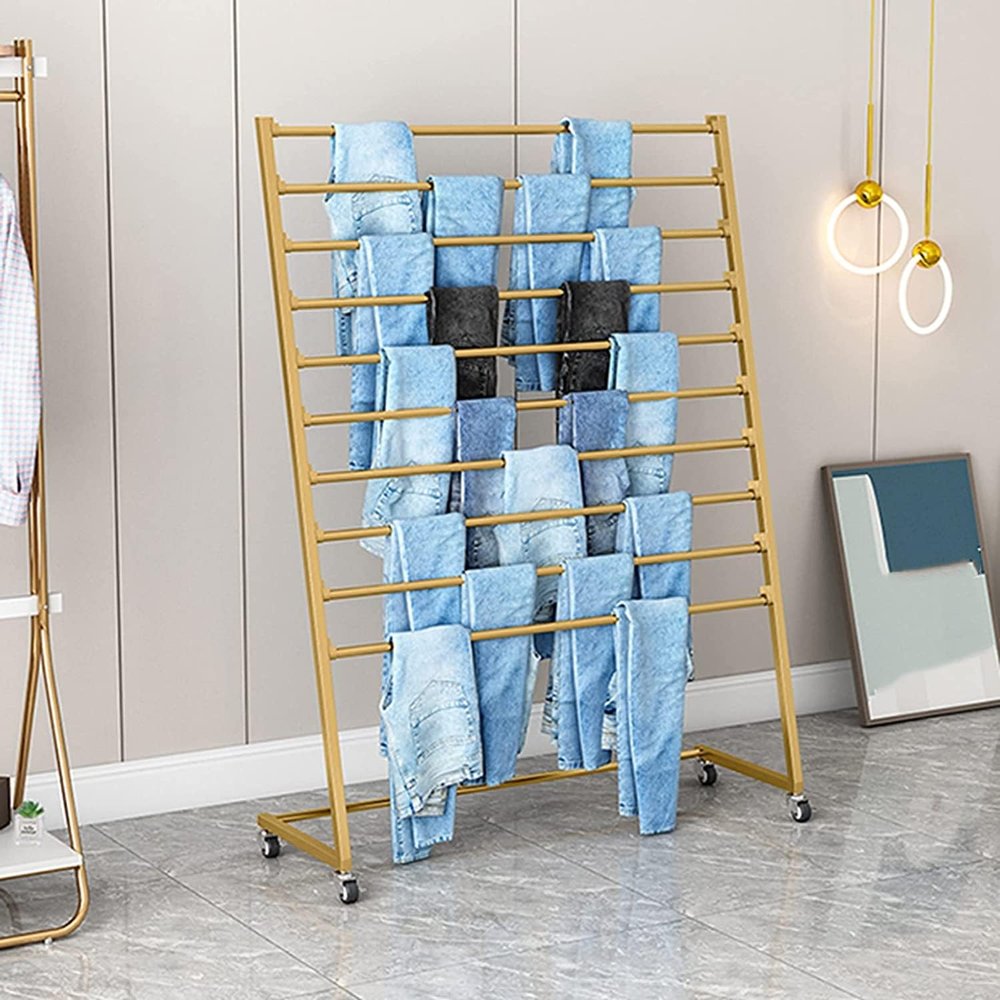 Craft Room Ribbon Holder Organizer Rack Ribbon Rack 10 Tier, Large Metal Scarf Holder/Pants Display Stand for Hold Storage Packaging Wrapping Paper Tissue Sheets, Wheeled Pole Shelf Removable (Color