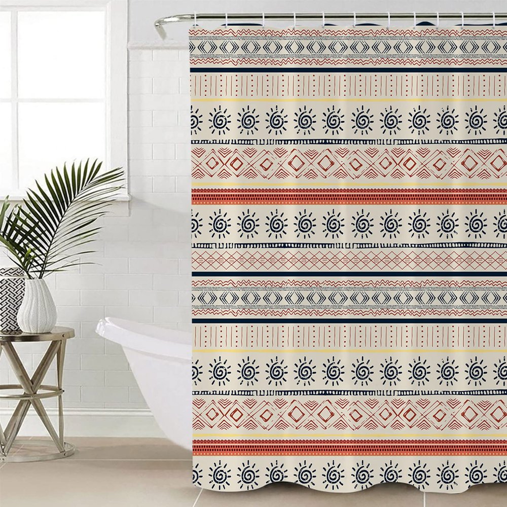 Double Love Boho Indian Bathroom Curtain 72 Inch Shower Curtain with Hooks, Waterproof Polyester Bath Curtain Washable Bathtub Curtain Southwest African Traditional Geometric Stripes 48''x 72''