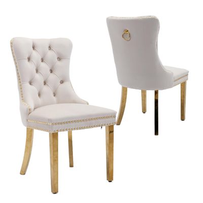 Rhomtree Contemporary Button Tufted Dining Chairs High-end Velvet Upholstered Dining Chairs with Nailhead Back and Ring Pull Trim Wood Kitchen Chairs for Dining Room (Beige 03, Set of 2)