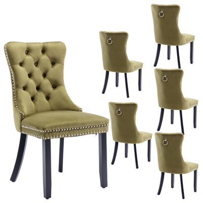 Rhomtree Contemporary Button Tufted Dining Chairs High-end Velvet Upholstered Dining Chairs with Nailhead Back and Ring Pull Trim Wood Kitchen Chairs for Dining Room (Olive-Green, Set of 6)