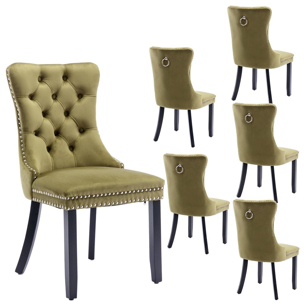 Rhomtree Contemporary Button Tufted Dining Chairs High-end Velvet Upholstered Dining Chairs with Nailhead Back and Ring Pull Trim Wood Kitchen Chairs for Dining Room (Olive-Green, Set of 6)