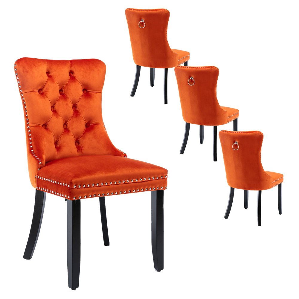Rhomtree Contemporary Button Tufted Dining Chairs High-end Velvet Upholstered Dining Chairs with Nailhead Back and Ring Pull Trim Wood Kitchen Chairs for Dining Room (Orange, Set of 4)