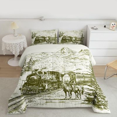 Steam Train Comforter Set King Cowboys Bedding Wild West American Western Desert Hunting Horse Riding Bedding Comforter Sets for Men Teens Hand Drawn Illustration Mountain Cactus Room Decor Quilt