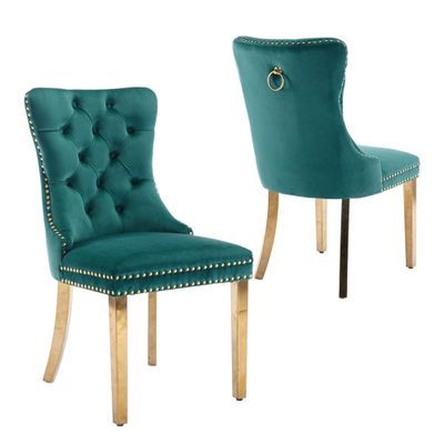 Rhomtree Contemporary Button Tufted Dining Chairs High-end Velvet Upholstered Dining Chairs with Nailhead Back and Ring Pull Trim Wood Kitchen Chairs for Dining Room (Green with Steel Leg, Set of 2)