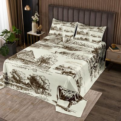 Erosebridal Farmhouse Western Quilt Set Cowboy Bedspread Set Queen Vintage Country Wild Western Cowboy Riding Horses Bedroom Decor Coverlet Set for Boys Young Desert Cow Soft Luxury Bed Set