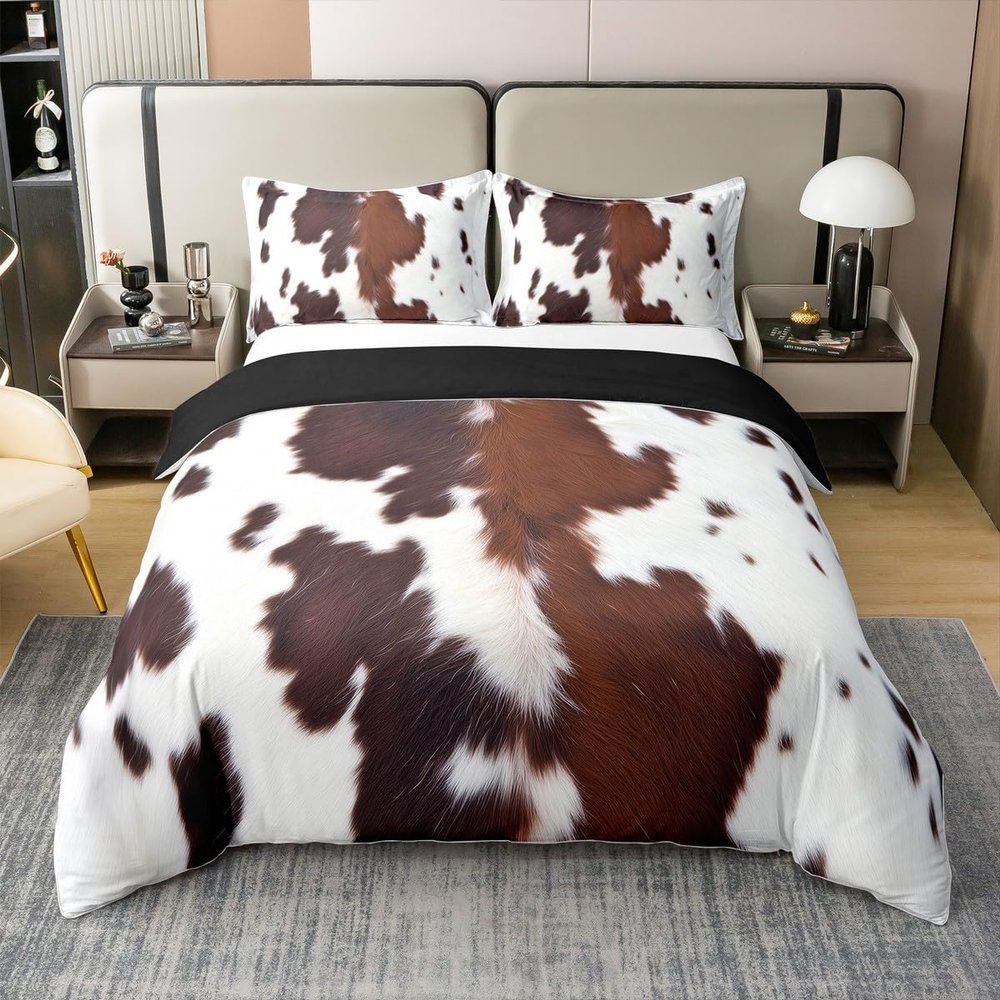 100% Organic Cotton Boys Girls Cowhide Duvet Cover King, Kawaii Cow Print Bedding Set For Kids Teens Adult Bedroom Decor, Black Brown Cow Spots Comforter Cover Farm Animal Skin Quilt Cover