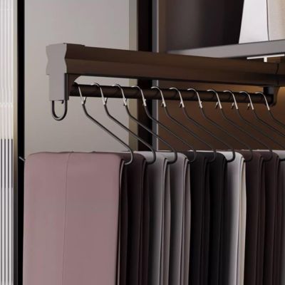 Retractable Closet Pull Out Rod Wardrobe, Bearing 35kg Adjustable Pants Rack, Aluminum Alloy Pull-Out Closet Valet Rod, Silent Slide Rail Wardrobe Hanger, Pull Out Closet Rod Extendable (Color : Blac