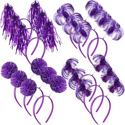 Censen 12 Pcs St. Patrick's Day Pom Pom Headbands Easter Spirit Party Headbands Tinsel Ponytail Headwear for Birthday Holiday(Purple)