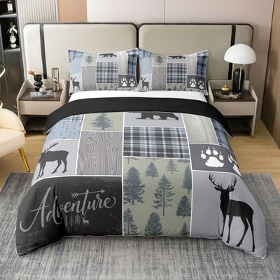 100% Cotton Rustic Patchwork Bedding Set Full, Checkered Buffalo Plaid Duvet Cover For Kids Teens Adult, Farmhouse Woodland Wildlife Bear Moose Elk Pine Trees Pattern Printed Comforter Cover