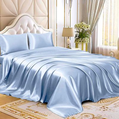 4 Pcs Satin Sheet Set Bed Set Queen Size Bed Set 4 Piece Sky Blue Durable & Soft (Flat Sheet + Fitted 12'' + 2 Pillowcases) Bedding Satin Sheets