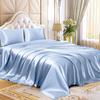 4 Pcs Satin Sheet Set Bed Set Queen Size Bed Set 4 Piece Sky Blue Durable & Soft (Flat Sheet + Fitted 12'' + 2 Pillowcases) Bedding Satin Sheets view 1