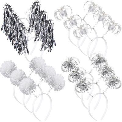 Censen 12 Pcs St. Patrick's Day Pom Pom Headbands Easter Spirit Party Headbands Tinsel Ponytail Headwear for Birthday Holiday(White)