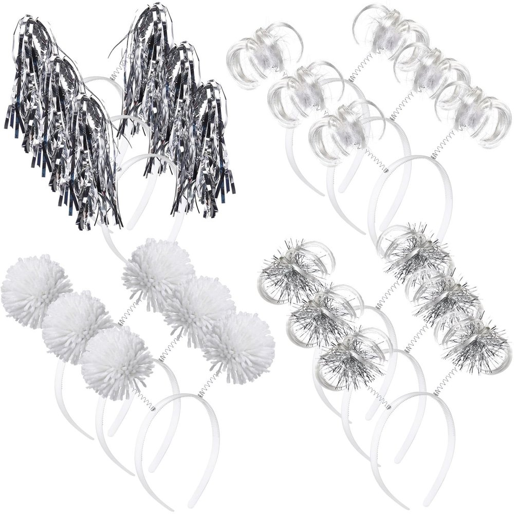 Censen 12 Pcs St. Patrick's Day Pom Pom Headbands Easter Spirit Party Headbands Tinsel Ponytail Headwear for Birthday Holiday(White)