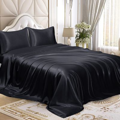 4 Pcs Satin Sheet Set Bed Set King Size Bed Set 4 Piece Black Durable & Soft (Flat Sheet + Fitted 12'' + 2 Pillowcases) Bedding Satin Sheets