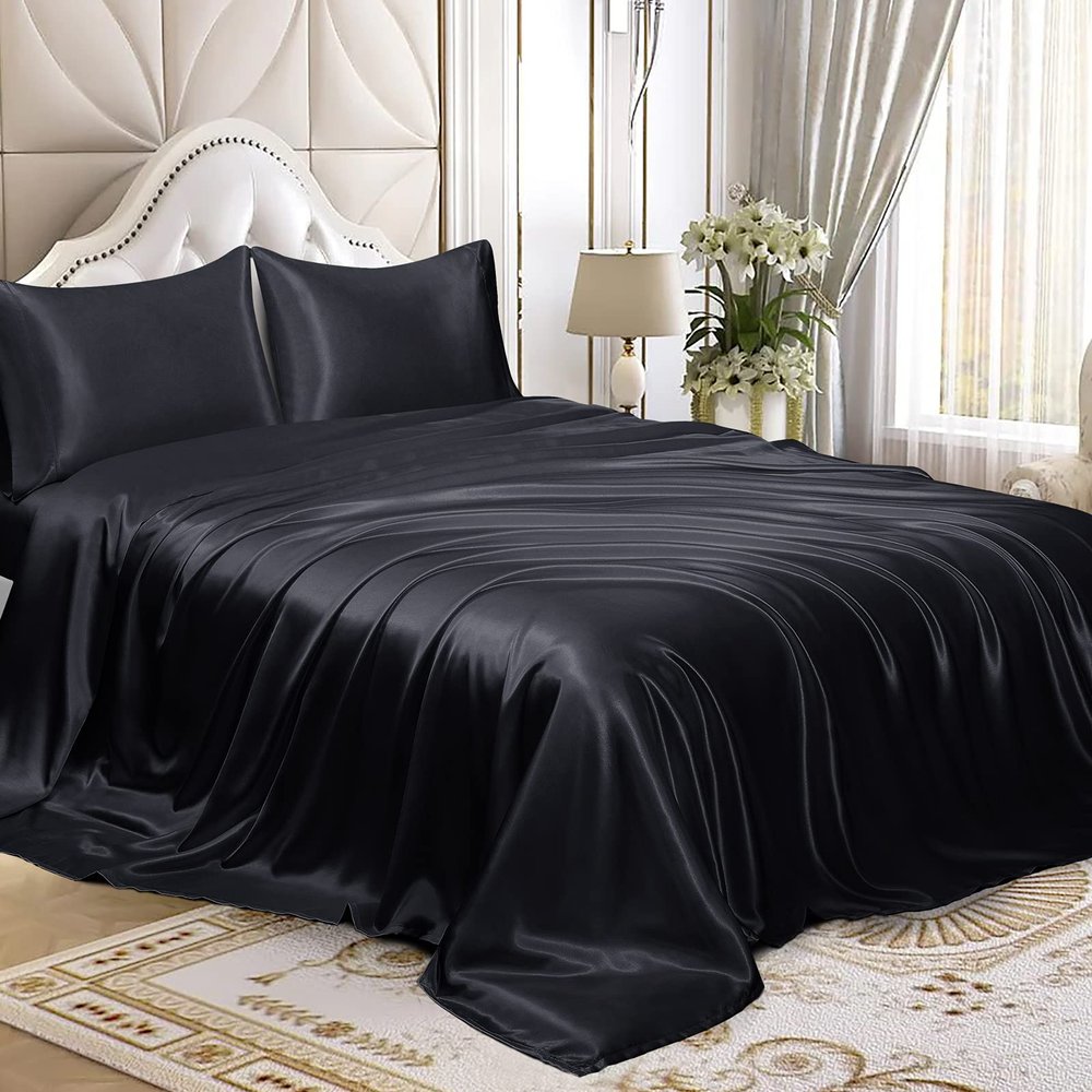 4 Pcs Satin Sheet Set Bed Set King Size Bed Set 4 Piece Black Durable & Soft (Flat Sheet + Fitted 12'' + 2 Pillowcases) Bedding Satin Sheets