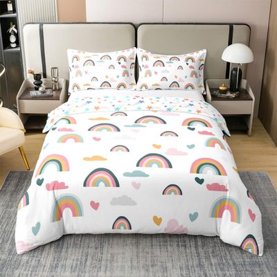 Erosebridal 100% Cotton Kids Rainbow Bedding Set, Girly Love Heart Comforter Cover Twin Size Cartoon Rainbow Cloud Duvet Cover for Girls Boys Women Bedroom Decor, Soft Bedding 2 Pieces,Colorful