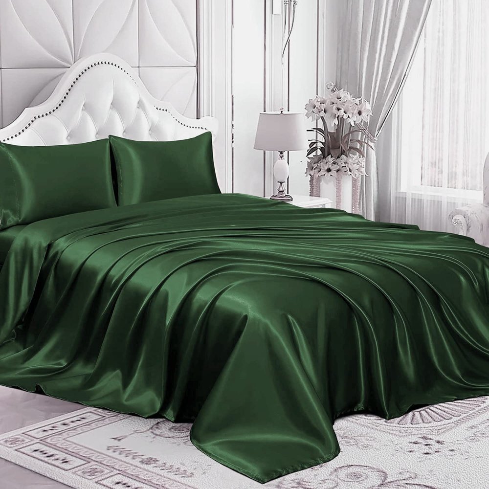 4 Pcs Satin Sheet Set Bed Set Queen Size Bed Set 4 Piece Olive Durable & Soft (Flat Sheet + Fitted 12'' + 2 Pillowcases) Bedding Satin Sheets