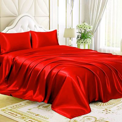 4 Pcs Satin Sheet Set Bed Set Queen Size Bed Set 4 Piece Red Durable & Soft (Flat Sheet + Fitted 12'' + 2 Pillowcases) Bedding Satin Sheets