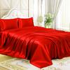 4 Pcs Satin Sheet Set Bed Set Queen Size Bed Set 4 Piece Red Durable & Soft (Flat Sheet + Fitted 12'' + 2 Pillowcases) Bedding Satin Sheets view 1