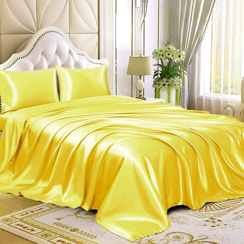 ComfyRight 4 Pcs Satin Sheet Set Bed Set Queen Size Bed Set 4 Piece Yellow Durable & Soft (Flat Sheet + Fitted 15'' + 2 Pillowcases) Bedding Satin Sheets