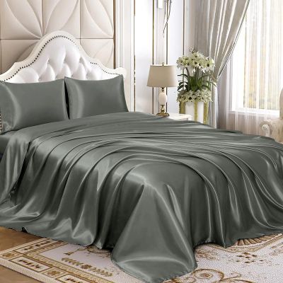 4 Pcs Satin Sheet Set Bed Set Queen Size Bed Set 4 Piece Dark Gray Durable & Soft (Flat Sheet + Fitted 12'' + 2 Pillowcases) Bedding Satin Sheets