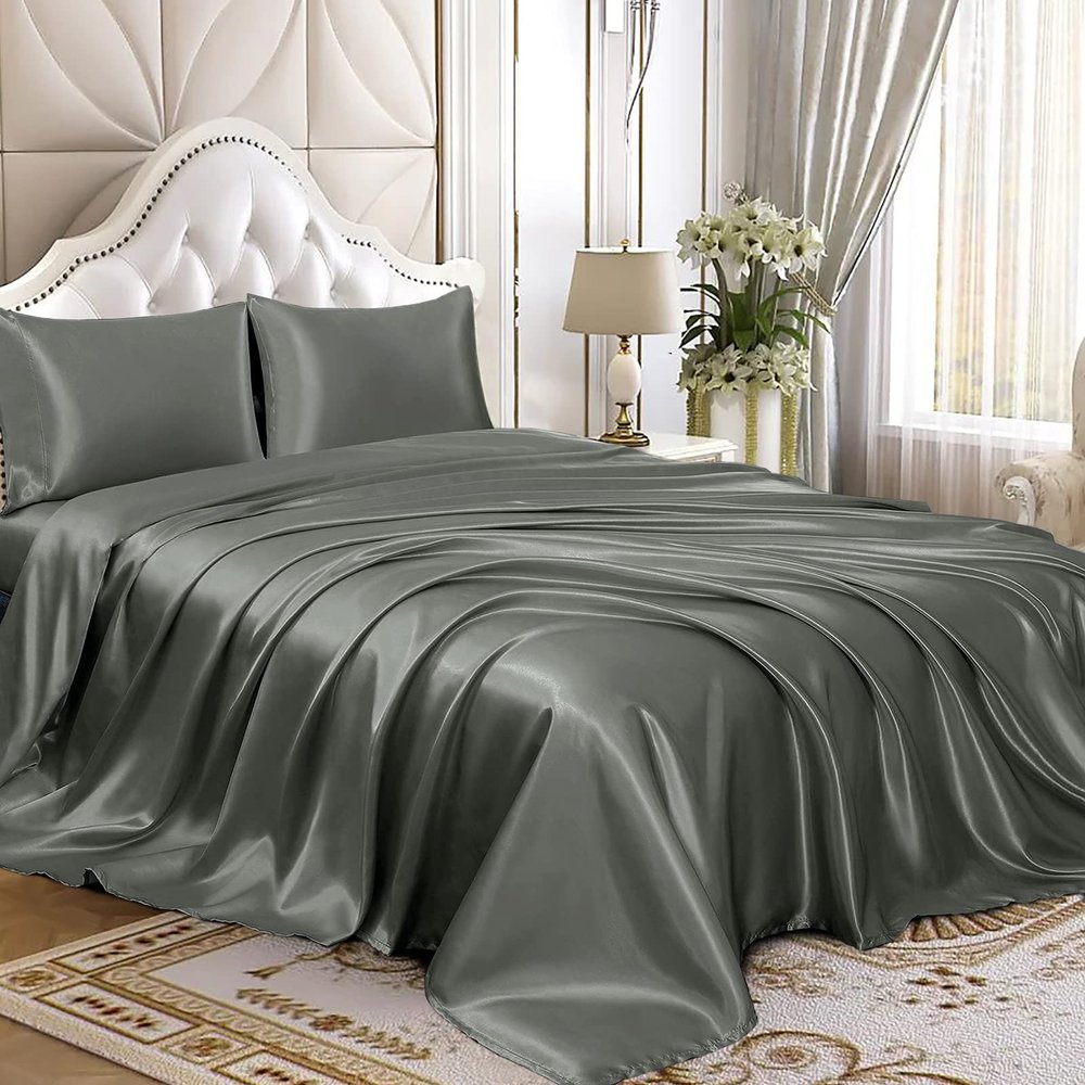 4 Pcs Satin Sheet Set Bed Set Queen Size Bed Set 4 Piece Dark Gray Durable & Soft (Flat Sheet + Fitted 12'' + 2 Pillowcases) Bedding Satin Sheets