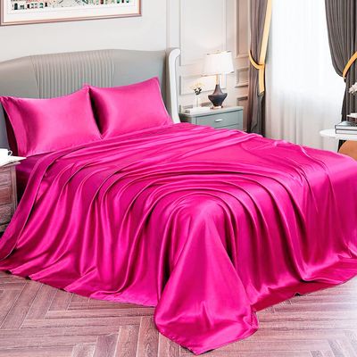 4 Pcs Satin Sheet Set Bed Set Full Size Bed Set 4 Piece Hot Pink Durable & Soft (Flat Sheet + Fitted 14'' + 2 Pillowcases) Bedding Satin Sheets