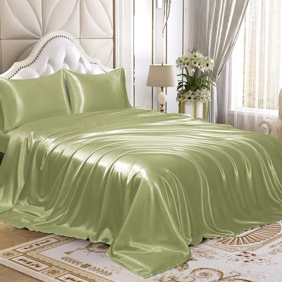 4 Pcs Satin Sheet Set Bed Set Queen Size Bed Set 4 Piece Sage Durable & Soft (Flat Sheet + Fitted 12'' + 2 Pillowcases) Bedding Satin Sheets