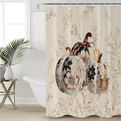 Shower Curtains for Bathroom, Fall Thanksgiving Pumpkin with Floral Golden Botanical Leaves Linen Shower Curtain Set Waterproof Fabric Bath Curtain with Hooks for Home Apartment Farmhouse 36x78 inch