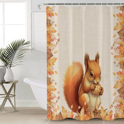 Shower Curtains for Bathroom, Fall Thanksgiving Cute Squirrel with Maple Leaves Shower Curtain Set Polyester Waterproof Fabric Bath Curtain with Hooks for Home Hotel Apartment Farmhouse 60x72 inch