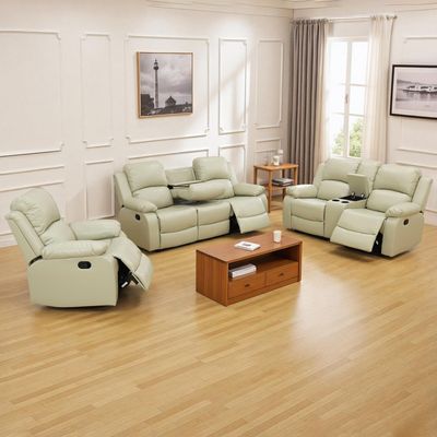 Caberryne Leather Recliner Sofa SetLeather Reclining Couch for Living Room Furniture SetsBeige Recliner Couch with 5 Recliners for Living Room/Office/Theater Seating(Sofa Set 3 Pieces)