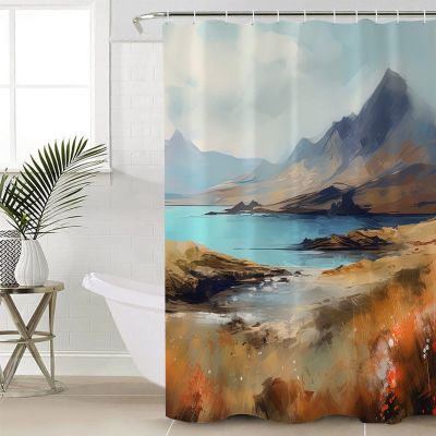 Shower Curtains for Bathroom, Watercolor Oil Painting Hill and Lake Landscape Shower Curtain Set Polyester Waterproof Fabric Bath Curtain with Hooks for Home Hotel Apartment Farmhouse 54x78 inch
