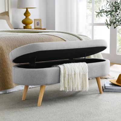 Oval Storage Bench,43.5" Linen Fabric Upholstered Ottoman Storage Benches for Bedroom End of Bed,Entryway Bench with Rubber Wood Legs Storage Ottoman for Living Room/Bedroom/End of Bed/Entryway,Grey