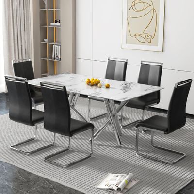 HomVent Modern Marble Dining Table & Chair Sets for 6, Rectangle Marble Table Top and 6 PU Faux Leather Chairs for Dining Room Kitchen (White-1 Table, 6 Black PU Faux Leather Chairs)