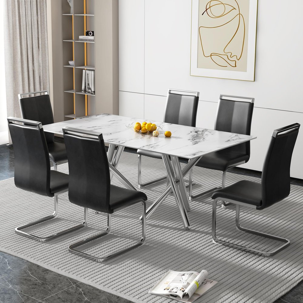 HomVent Modern Marble Dining Table & Chair Sets for 6, Rectangle Marble Table Top and 6 PU Faux Leather Chairs for Dining Room Kitchen (White-1 Table, 6 Black PU Faux Leather Chairs)