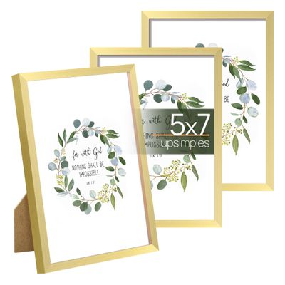 upsimples 5x7 Picture Frame Set of 3, Made of High Definition Glass for 5 x 7 Gold Frames, Wall and Tabletop Display Thin Border Photo Frame for Home Dcor