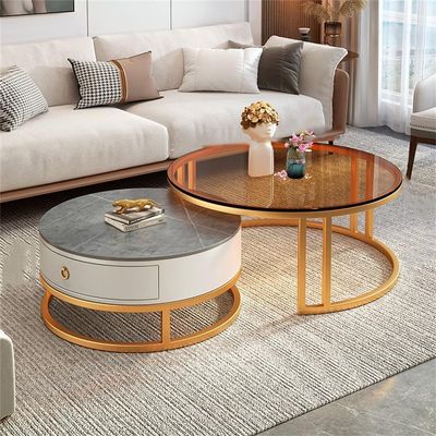 LAKIQ Nesting Coffee Table Set of 2 Round Living Room Center Table with Storage Drawer Glass Slate Stone End Table Side Table - Gold-Grey/White,(31.5"L x 31.5"W x 18"H) + (23.5"L x 23.5"W x 16"H)