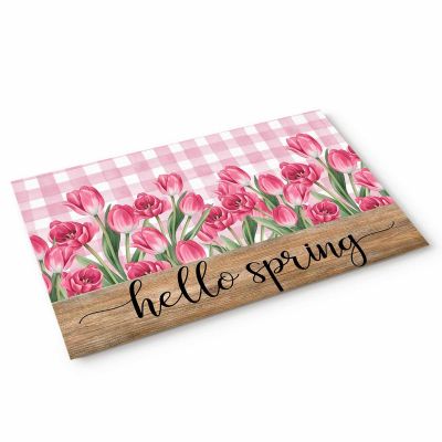 Door Mat Outdoor Hello Spring Watercolor Flowers Tulips Farmhouse Pink Buffalo Plaid Welcome Mats for Front Door Indoor Entry Doormat Non-Slip Kitchen Rug/Floor Mats for Bathroom/Bedroom 20"X31.5"