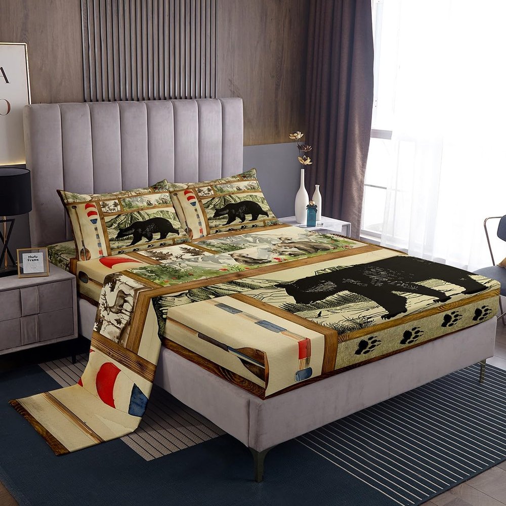 Rustic Farmhouse Bed Sheets Set Queen, Retro Hunting Bear Sheet Set for Kids Boys, Lake House Decor Sheets for The Home, Cabin Lodge Paddle Decor Bedding Set, Moose Wildlife Flat Fitted Sheet