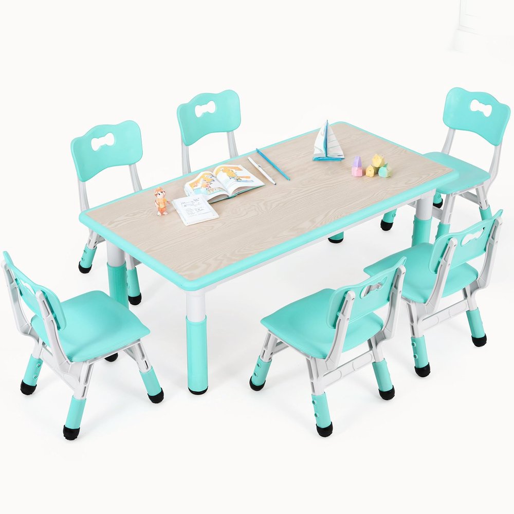 Arlopu Kids Table and 6 Chairs Set, Height Adjustable Graffiti Desk, Preschool Activity Art Craft Table, for Daycare Classroom Home Boys and Girls Age 3-12 (Light Green)