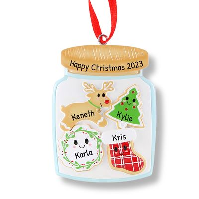 3D Family of 4 Christmas Ornament 2025 Personalized Family Christmas Ornaments 2025 | Tree, Stocking, Wreath, Reindeer Personalized Tree Ornaments Customizable Gifts of Kitchen Jar of Four Ornament