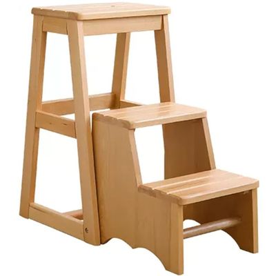 Folding Step Ladder Chair 3 in 1 Multipurpose Step Stools, Bedroom Thick Beech 3 Storeys Storage Rack, Flower Stand, No Assembly Required (Color : Primary Color, Size : 62 * 36 * 33.5cm)