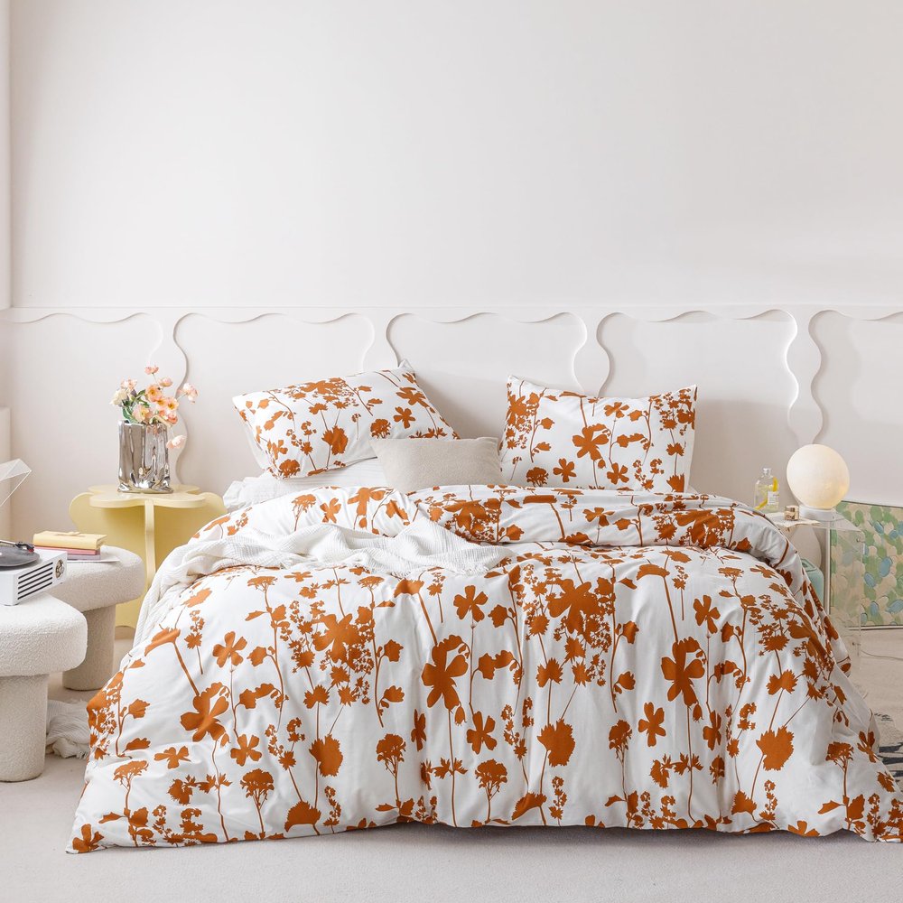 SUSYBAO Burnt Orange Flower Duvet Cover King 100% Cotton 3 Pcs Set 1 White Rust Botanical Duvet Cover with Zipper Ties 2 Pillowcases Vintage Farmhouse Terracotta Floral Bedding Set Soft
