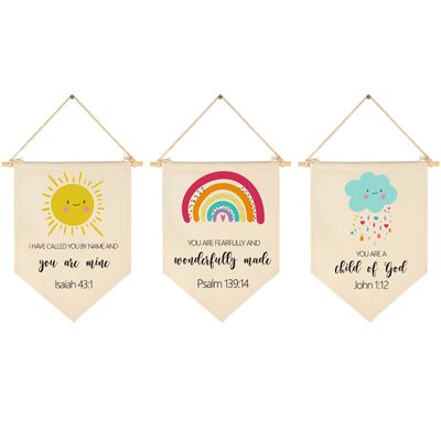 Christian Art-Bible Verse Banner Pennant-Scripture Decor-Weather Rainbow Cloud Sun-Flag Gift for Baby Boys Girls Kids-Banner Pennant Wall Sign Gifts for Nursery Baby Room Playroom Bedroom -Set of 3