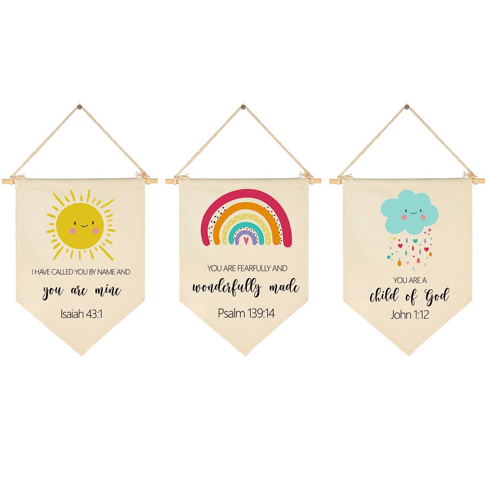Christian Art-Bible Verse Banner Pennant-Scripture Decor-Weather Rainbow Cloud Sun-Flag Gift for Baby Boys Girls Kids-Banner Pennant Wall Sign Gifts for Nursery Baby Room Playroom Bedroom -Set of 3